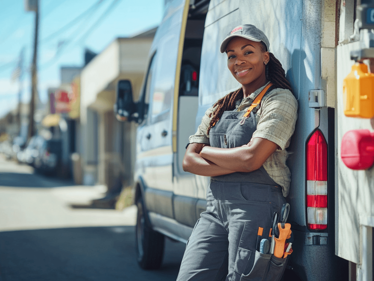 Female plumber with service van